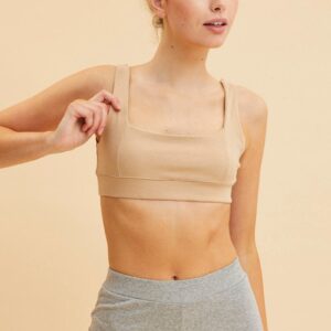 Beige Crop Top Square Neck Cotton Stretch